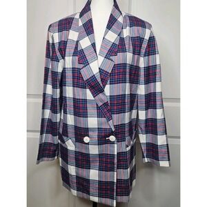 Vintage 80s Womens Tartan Plaid Double Breasted Blazer Size 5 Boyfriend Oversize